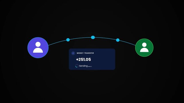 Money sent between digital wallets with transfer complete animation isolated on black background