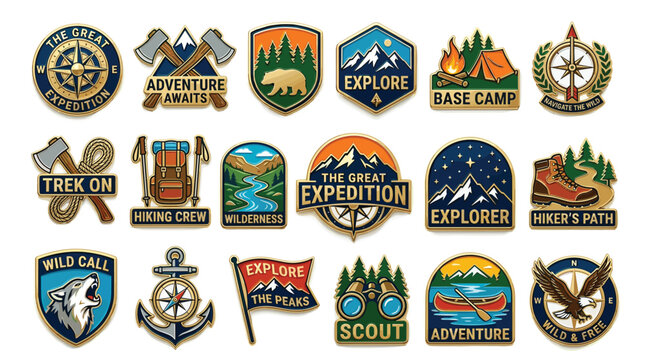 Large collection of colorful outdoor adventure and camping patches.