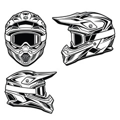 Fototapeta premium Detailed motocross helmet technical illustrations set.