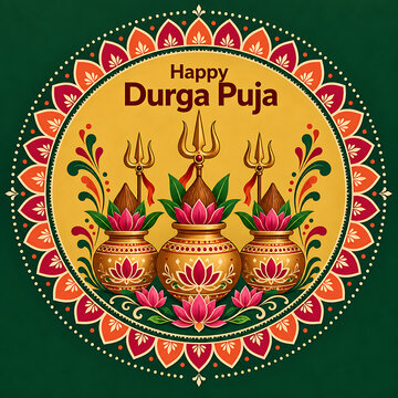 Durga puja festive mandala with decorative kalash lotus and golden tridents on green background celebrating mahalaya bengali devotional culture and worship tradition