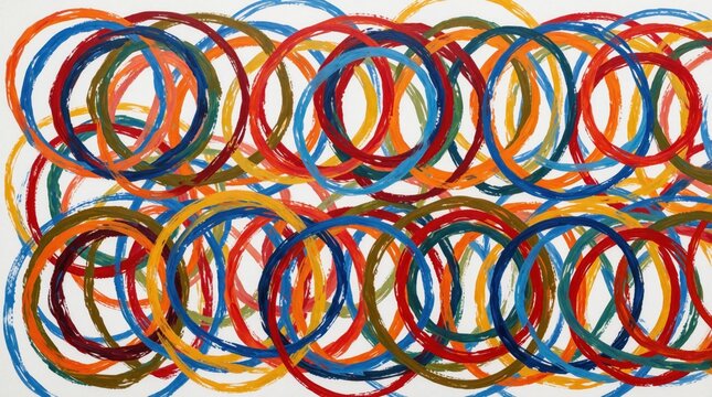 Vibrant abstract art with multicolored scribble circles on white background. Artistic hand drawn loops create colorful pattern with red blue yellow orange, green hues. Creative expressionism design