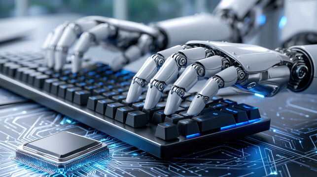 Robotic hand typing on keyboard over glowing circuit board, cinematic futuristic ultra realistic tech atmosphere