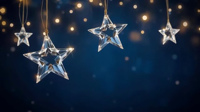 Hanging Crystal Paper Star Ornament Glowing Decoration Against Dark Blue Background