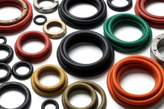 Assorted rubber O rings and metal gaskets in various colors and sizes are arranged on a white background. These seals are essential components for preventing leaks in machinery and plumbing systems.