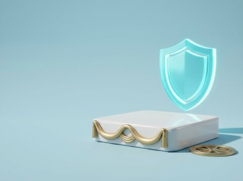 Luminous blue shield hovering above a white podium on a soft blue background, cybersecurity