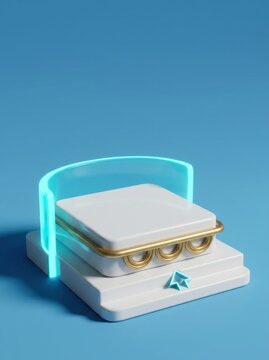 Stylish product display podium with glowing blue arch and golden rings on blue background