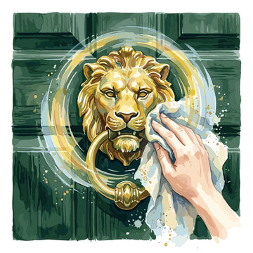 Hand polishing a golden lion door knocker on green wood