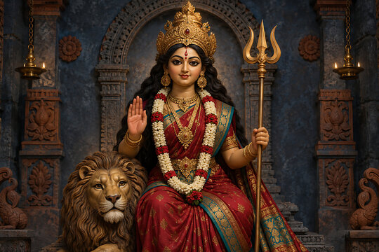 Durga puja goddess seated with lion and golden trident inside ornate temple shrine celebrating mahalaya bengali devotion traditional festival and spiritual worship