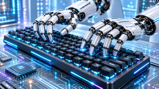 Robotic hands typing on illuminated keyboard in futuristic tech lab, cinematic close up conveying focused advanced automation and AI control