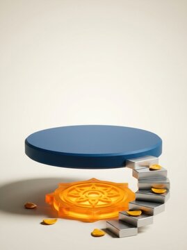 Floating blue podium with golden coins on a staircase ascending from a glowing symbol