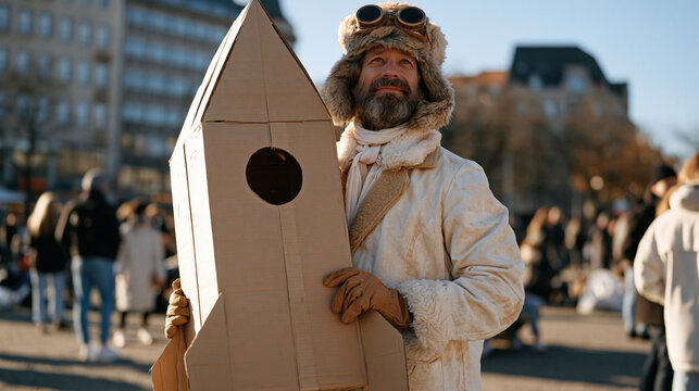 An eccentric man dressed in full Victorian explorer costume standing beside a cardboard spaceship in a busy city park pretending to be a time traveler on pretend to be a time