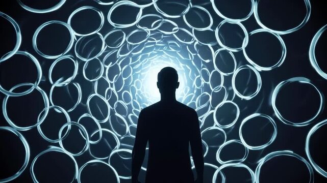 Silhouette Person Facing Luminous Blue Tunnel With Overlapping Abstract Circles and Mysterious Mood