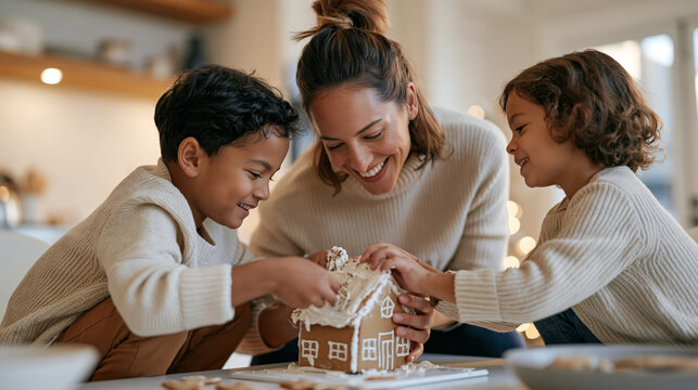A mother and two children crouching together to decorate a lopsided gingerbread house at a craft table on national gingerbread house day, family holiday activity, seasonal