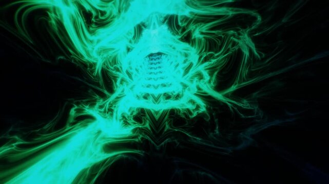 Emerald green and bright teal energy tunnel with organic smoke tendrils flowing symmetrically inward in a 3D loop