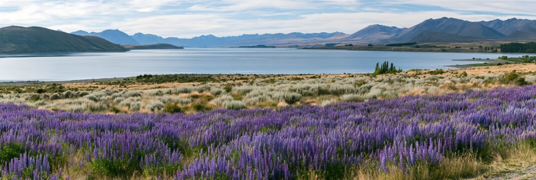 Lupine meadow panorama at Lake Tekapo in New Zealand