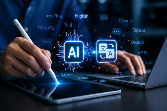 Ai language translation technology interface with multilingual speech bubble icons on digital screen for global communication business.
