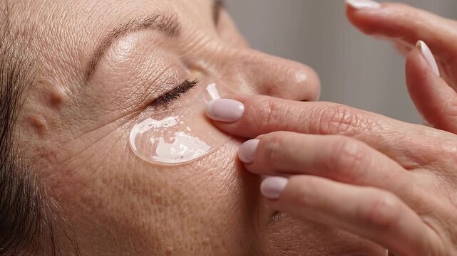 Woman applying a hydrogel eye patch beneath her eye during a skincare routine for hydration and antiaging care.