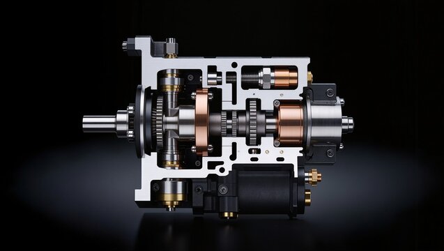Dual-rotor electric hybrid drivetrain cross-section view, dark background