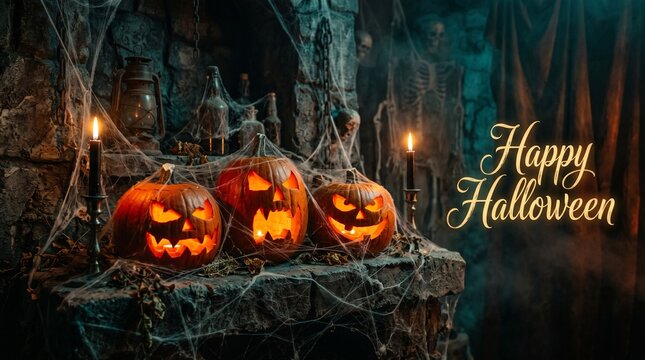 Halloween pumpkin with lantern with copy space 