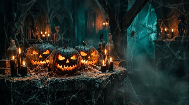 Halloween pumpkin with lantern with copy space 
