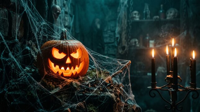 Halloween pumpkin with lantern with copy space 
