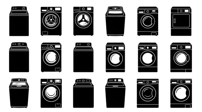 Grid of Washing Machine Silhouettes - Front and Top Loading Units