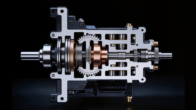 Brushless servo motor with integrated spur gear cross-section view, dark background