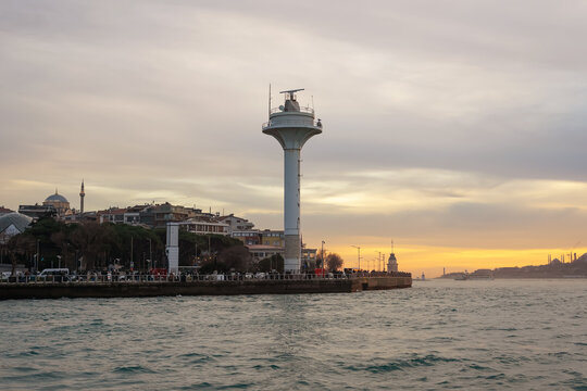 Istanbul, Turkey- 04 February 2026: Bosporus vessel traffic service tower on Uskudar coast in Istanbul, Turkey at sunset