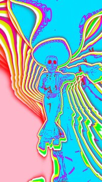 Dancing mexican skeleton with echo effect. Halloween seamless background with cartoon illustration effect