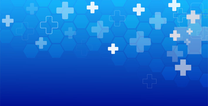 Abstract blue vector background featuring a hexagonal geometric grid texture and scattered floating white medical cross icons for science, health, and modern technology design projects.