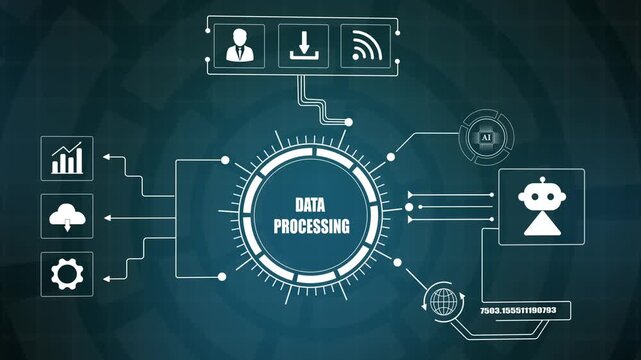 Digital data processing HUD background animation, abstract technology artificial intelligence network, future cloud analytics interface loop.