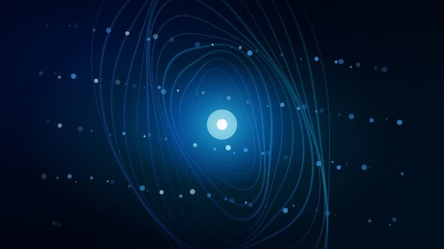 Abstract pulsating blue fluid and glowing particle simulation, swirling neon cyan and deep blue vortex, fluid forces flowing inward and outward, dark cosmic background with floating glowing specks, ci