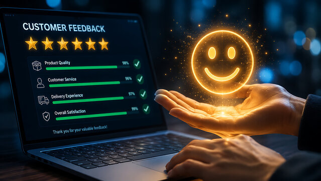 Customer feedback dashboard featuring five stars rating and positive sentiment analysis icons for service quality assessment.