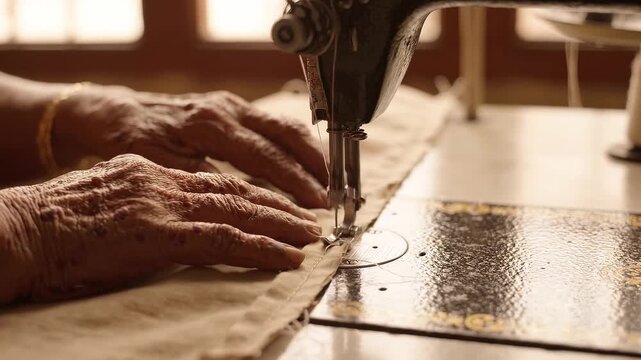 Woman sewing fabric on a traditional machine, guiding a seam through the complete tailoring and garment making process in a workshop.
