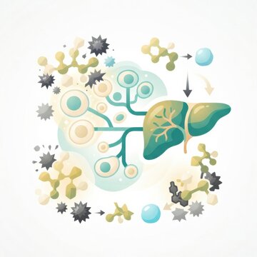 The illustration shows the detox process involving molecules and liver function in health and purification.
