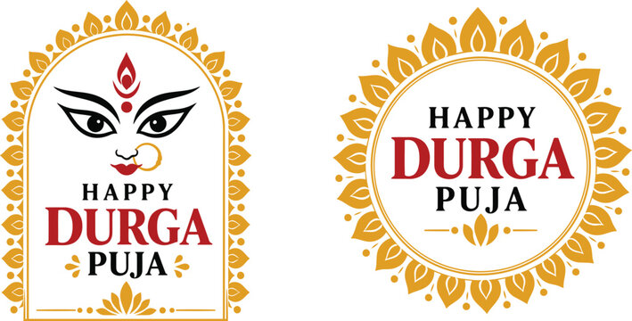 Happy Durga Puja Festival Emblem Set with Goddess Face and Mandala