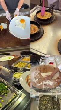 Split screen view of an all‑inclusive buffet: chefs grilling meat, steaming vegetables, carving roasts, and arranging fresh salads and pastries.