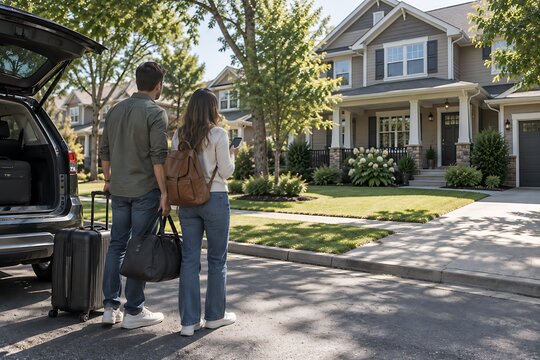 Couple standing in front of suburban home with suitcases after traveling returning home real estate vacation mode house exterior couple life vacation return vacation time travel bag suitcases