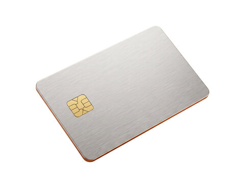 Blank premium brushed metal smart credit card with a gold EMV microchip isolated on a solid black background.