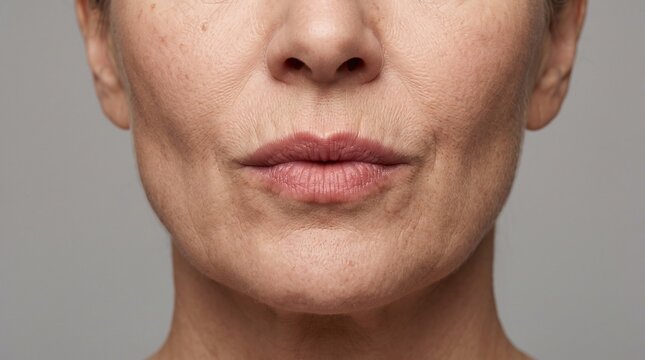 Macro close-up of mature female lower face. Aging skin texture, wrinkles around the mouth, and age spots. Skincare, anti-aging, and dermatology concept