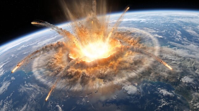 Impacto catastr&oacute;fico de un asteroide gigante contra el planeta Tierra visto desde el espacio. Concepto de apocalipsis, destrucci&oacute;n mundial y colisi&oacute;n c&oacute;smica