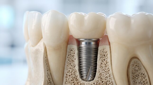 Modelo 3D de implante dent&aacute;rio de tit&acirc;nio no osso maxilar com coroa de porcelana. Conceito de anatomia, cirurgia odontol&oacute;gica e pr&oacute;tese