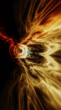 Vertical golden light rays and warm amber smoke surge toward an illuminated dimensional core in a 3D animation