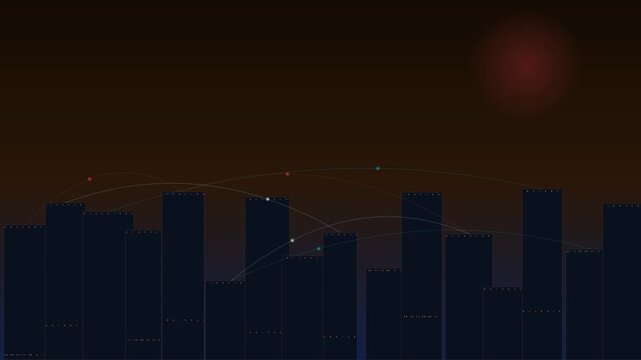 Futuristic smart city skyline at night, digital network connection lines over urban skyscrapers, dark blue and orange tech background