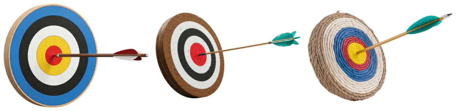 Archery targets perfectly hit by arrows, illustrating precision, accuracy, and successful goal achievement.