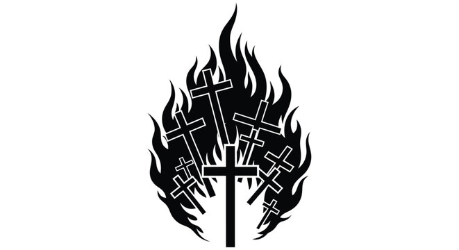 Black silhouette of multiple christian crosses surrounded by stylized flames on white