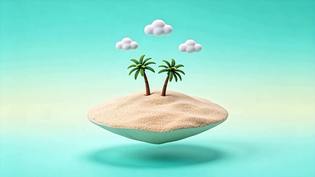 Floating island with palm trees and clouds on teal background