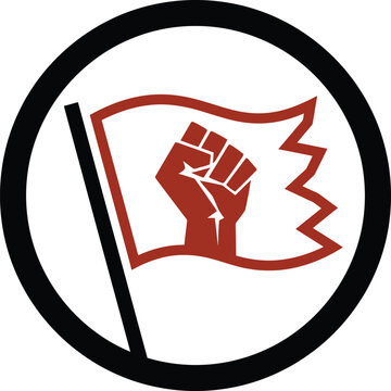 Raised fist symbol on a flag inside a circular frame with protest flag
