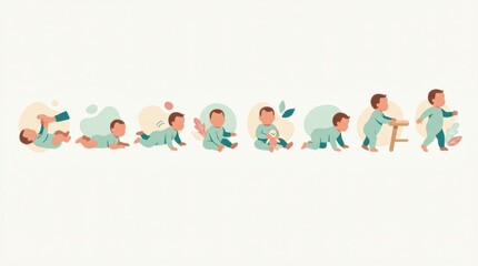 Fototapeta premium Illustrations depict various gross and fine motor skills that babies typically achieve within their first year, supporting early development.