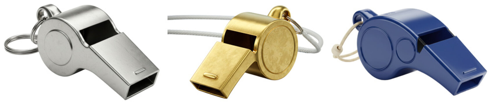 Collection of three diverse whistles in metal and plastic, showcasing different colors and designs.